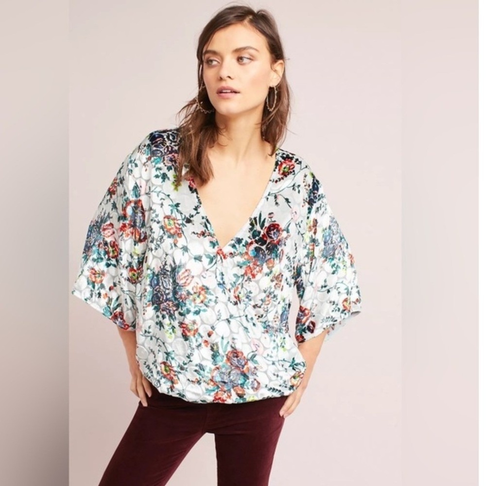 Anthropologie Maeve Umi Silk Blend Floral Burnout Velvet Blouse Small